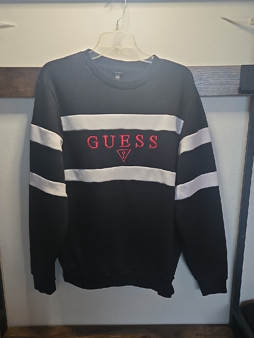 Guess Black Crewneck Sweater with White Stripes and Red Logo